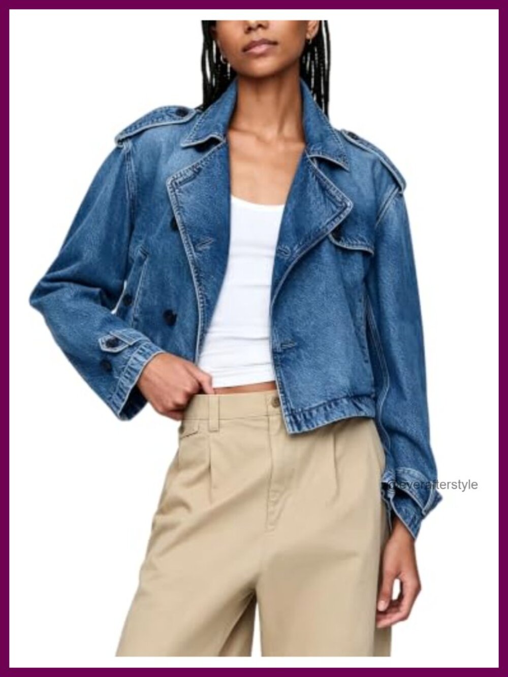 Cropped Denim Trench Coat Double Breasted Notch Collar Jean Jacket
